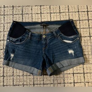Indigo Blue. Side Panel Maternity Jean Shorts.